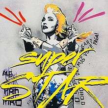 A painted image of Madonna holding can of sprays in her hand, and the song name written across a flowing text