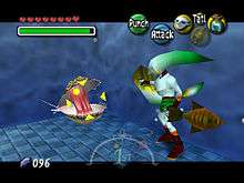 A fish-like humanoid faces an oyster-like monster, which is surrounded by a crosshair. Around the image are icons representing time passed, the player's health, magic, money, items and possible actions.