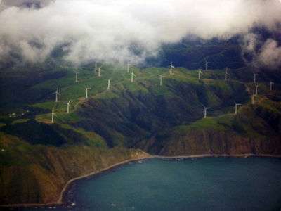 An aerial view of the Project West Wind wind farm at Makara, New Zealand.