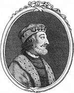 In a black and white engraving in an ovoid frame, a late middle-aged man faces right. He wears a regal tunic over a dark shirt. His bushy, neck-length hair is greying, and he has a grey beard with a black moustache and prominent eyebrows. On his head he wears a slim crown.