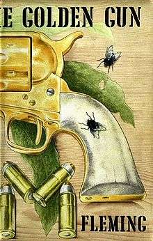 A book cover, showing a drawing of the handle of a pistol, four bullets and two flies