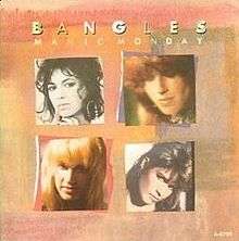 Four pictures of four women placed in a multicolor background. The words "Bangles" and "Manic Monday" are written in white capital letters. The upper left photo contain a woman with white face and black hair. The upper right photo is about a red-haired woman. The girl of the third picture, located lower left, is blonde, while the girl of the lower right is a brunette.