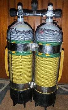  Two 12 litre steel cylinders connected by an isolation manifold and two stainless steel tank bands, with black plastic tank boots