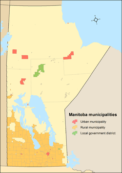 Map showing locations of all of Manitoba's municipalities after the 2015 municipal amalgamations