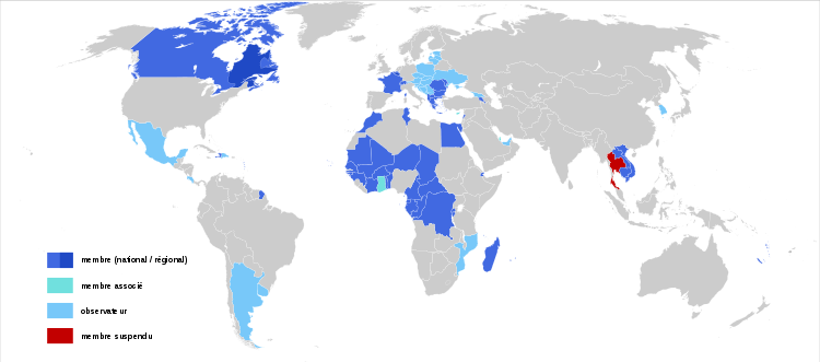 Map showing the member states of la Francophonie (blue)