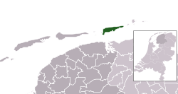 Highlighted position of Schiermonnikoog in a municipal map of Friesland