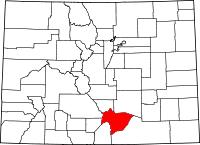 Map of Colorado highlighting Huerfano County