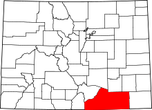 Map of Colorado highlighting Las Animas County