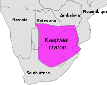 This map shows the outlines of the southern African nations of Nambia, Btoswana, Zimbabwe and South Africa. Kaapvaal's outline is superimposed on the countries.