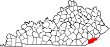 Map of Kentucky highlighting Harlan County