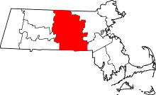 Map of Massachusetts highlighting Worcester County