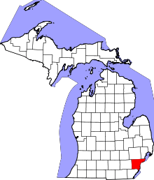 Map of Michigan highlighting Wayne County