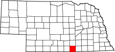 Map of Nebraska with county highlighted: on Kansas border in south central part of state