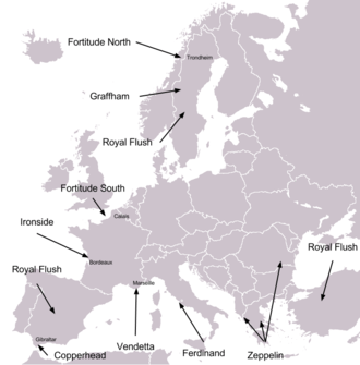Grayscale map of Europe with the subordinate plans of Operation Bodyguard labelled