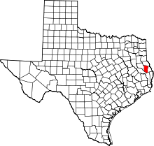 Map of Texas highlighting San Augustine County