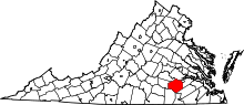 Map of Virginia highlighting Dinwiddie County