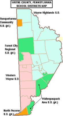Map of Wayne County's school districts, colored in dark green, light green, orange, and red, and labeled by district. Text across the top reads "Wayne County, Pennsylvania School Districts Map."