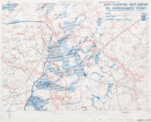 a topographical map with blue and red lines overprinted showing the location of trench lines. The map is supplemented to blobs or blue close to the British front line showing areas that are waterlogged.