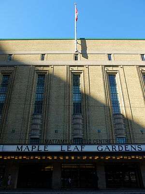 Exterior view of main entrance and marquee of Maple Leaf Gardens