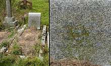 A granite headstone in a grassy churchyard