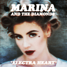 A close-up of a light-skinned blonde-haired woman with a small heart symbol located next to her left eye. The name "Marina and the Diamonds" is located above her picture, while the title "Electra Heart" is placed beneath her chin.