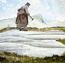 Sketch of woman in heavy clothing with top hat holding a rock hammer and looking down at a sandy beach