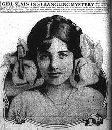A portrait of Mary Phagan in the pages of a newspaper. A caption above her says "Girl Slain in Strangling Mystery".