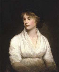 Left-looking half-length portrait of a slightly pregnant woman in a white dress
