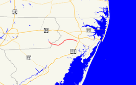 A map of the northeastern lower Eastern Shore showing major roads.  Maryland Route 374 runs from Powellville to Berlin.