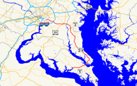 A map of southern Maryland showing major roads.  Maryland Route 4 runs from Leonardtown through St. Mary's County, Calvert County, Anne Arundel County, and Prince George's County to Washington, D.C.