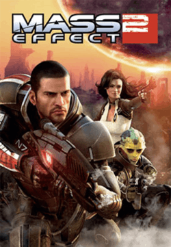 A human male soldier carries an assault rifle. On the right, a woman and a reptile-like extraterrestrial accompany the soldier. The game's logo floats above them, while the background consists of ruins on a planet with orange sky.