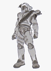 Early concept sketch done in pencil of a thin character, replete with bandoliers and other additional equipment in addition to his armor.