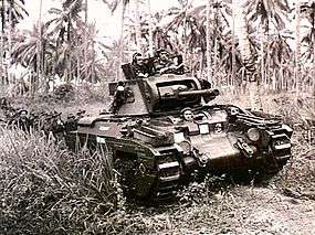 An armoured vehicle moves through a palm grove