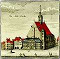 Neue Kirche, coloured engraving from 1949 showing the exterior and houses on the left on the square