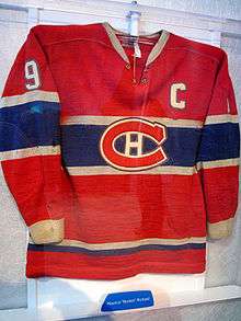 A Montreal Canadiens sweater with the Canadien's "CH" logo on the front with a smaller C denoting Richard as the captain and the number 9 on the arms