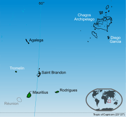 Islands of the Republic of Mauritius labelled in black; Tromelin and Chagos archipelago are claimed by Mauritius.