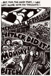 Comics panel. Drawing of Art's mother dead in a bathtub and Art in prison uniform. "Menopausal depression", "Hitler did it!", "Mommy!" and "Bitch" are written across the panel.