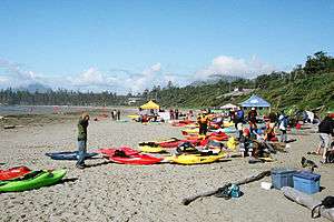 Photo of beach, with several kayaks strewn around and people in background
