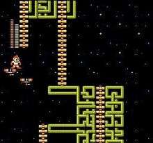 A square video game screenshot that depicts a character sprite standing on a red floating platform between two yellow structures near the top and bottom of the image.