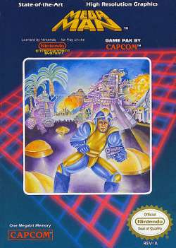 Artwork of a dark blue, vertical rectangular box. The top portion reads "Mega Man" along with various other labels, while the artwork depicts a humanoid figure in a blue and yellow outfit armed with a handgun and standing at the forefront of several exotic structures.
