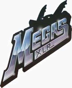 An image with silver-colored letters saying "Megas XLR" and a black robot-like shape in the background