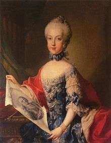 A young blue-eyed girl wears a blue rococo bodice with frilled sleeves while holding a portrait of her father.