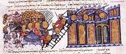 Medieval miniature depicting a city being stormed. To the left is the Byzantine army, with shields and spears, with the tents of their camp to their back. They are scaling ladders onto the walls of a city (right), whose defenders try to fight them off from their top.