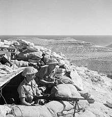 Two soldiers, with a machine gun and standing behind sandbags, look to the right out over a desert view.