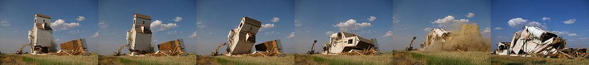 A series of images showing the gradual demolition of a grain elevator