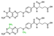 The chemical structures of folic acid and methotrexate highlighting the differences between these two substances (amidation of pyrimidone and methylation of secondary amine)