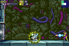 A video game screenshot of a person in a powered exoskeleton firing a missile at a monster.
