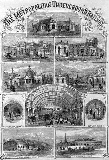 An engraving, titled at the top "The Metropolitan Underground Railway", showing a montage of outside views of the railway stations with people in Victorian dress travelling on foot or by horse. In the centre is an interior view of the original King's Cross station.