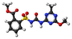 Ball-and-stick model of the metsulfuron-methyl molecule