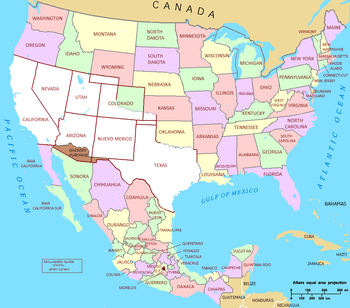 Map of the US and Mexico, with large ceded Mexican territories in white